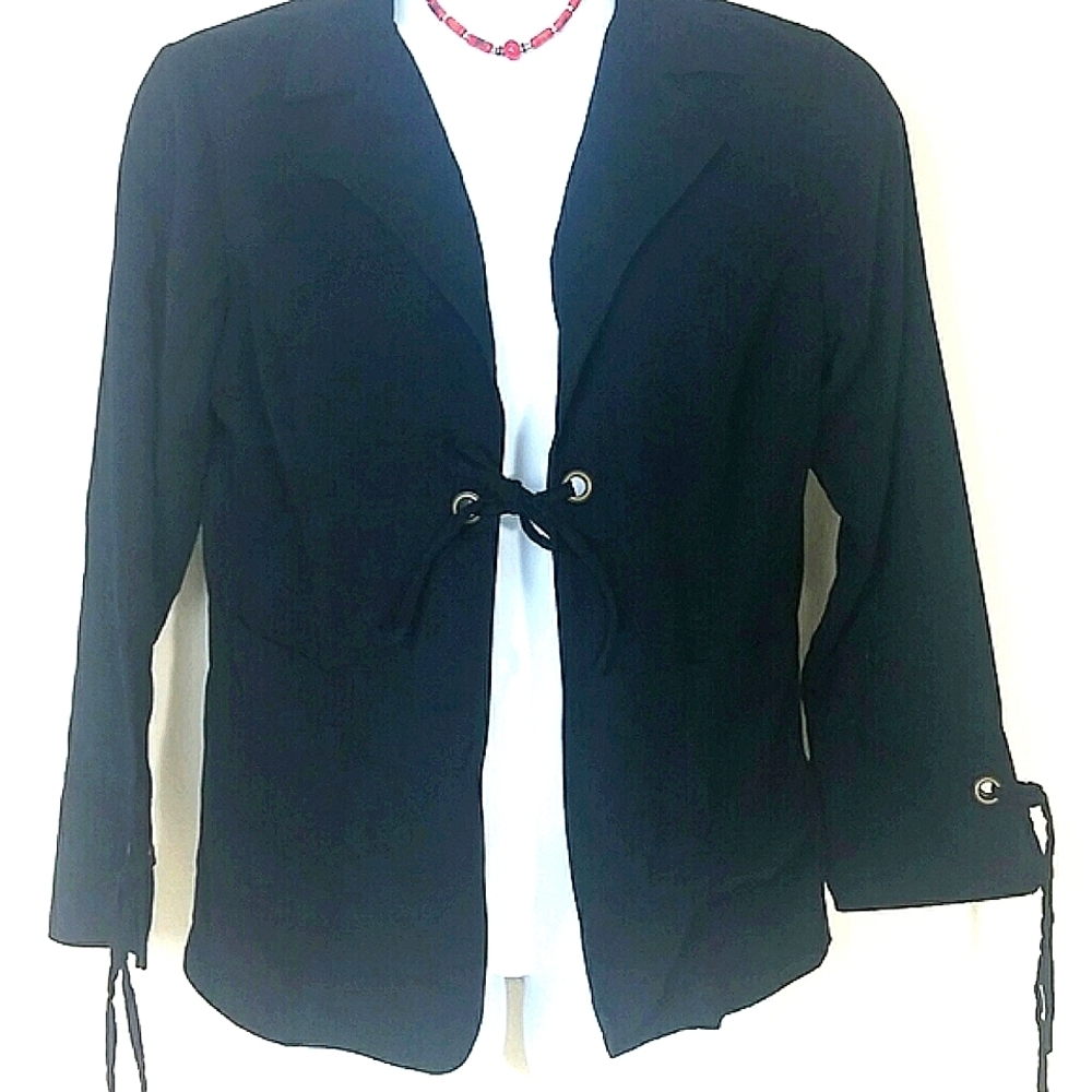 Cato Black Microsuede Blazer Gold Grommet Tie Front Boho Gypsy Hippie Style L